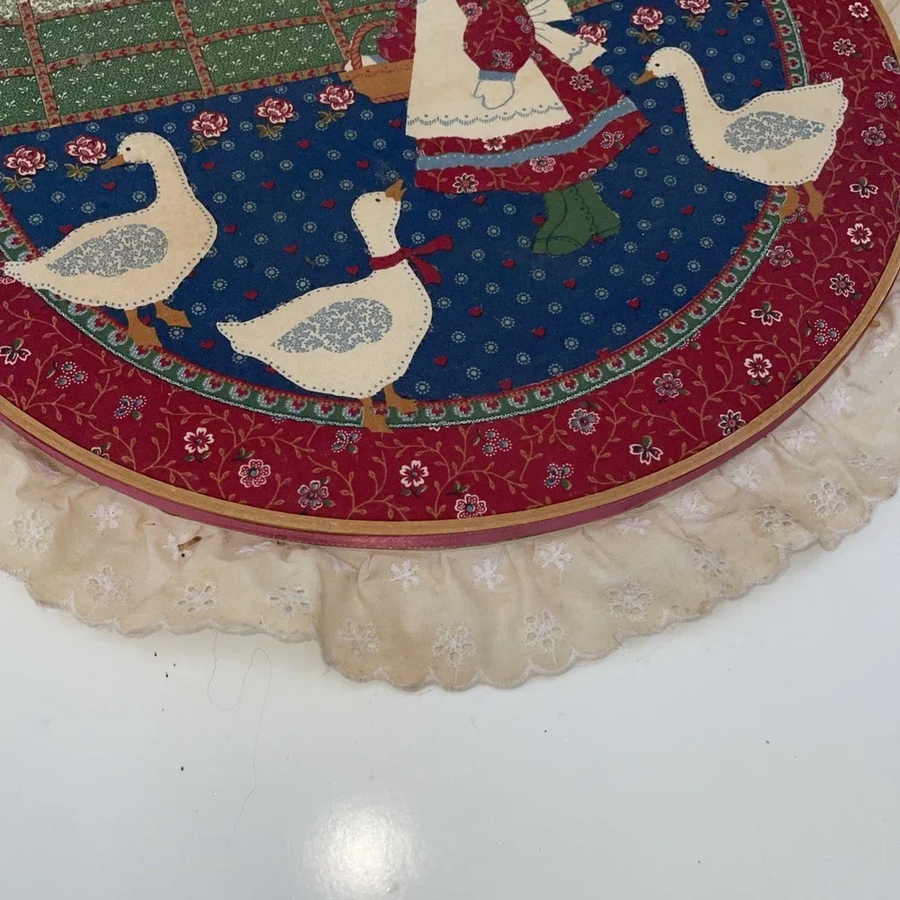 Vintage 1990s Round Country Farm Girl Wall Hanging Grannycore Lace Trim Framed